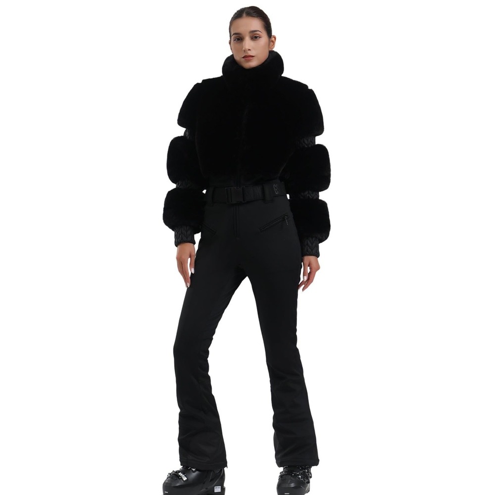 GSOU SNOW Womens Black Faux Fur One Piece Ski Suit Snowboard Jumpsuit Size M